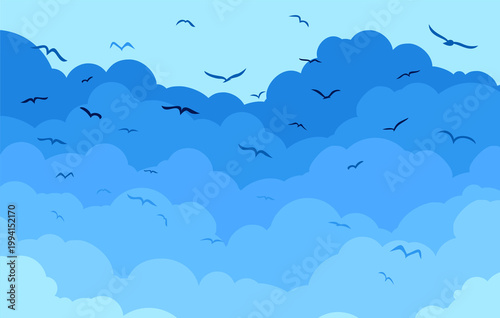 A background with blue clouds and birds.