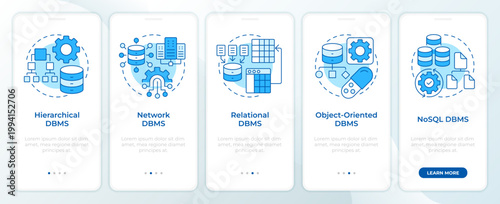 DBMS system varieties blue onboarding mobile app screen. Walkthrough 5 steps editable graphic instructions with linear concepts. UI, UX, GUI. Montserrat SemiBold, Regular fonts used