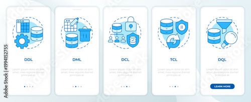 Database language varieties blue onboarding mobile app screen. Walkthrough 5 steps editable graphic instructions with linear concepts. UI, UX, GUI. Montserrat SemiBold, Regular fonts used