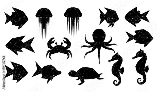 Origami sea creatures set black and white geometric fish jellyfish ocean animals twelve vector illustration isolated on white