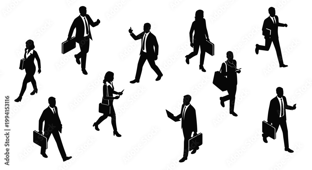 Fototapeta premium business people silhouettes in an isometric vector set showing professional men and women walking and commuting.