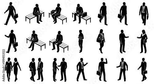 collection of black business silhouettes in isometric view with people working and interacting