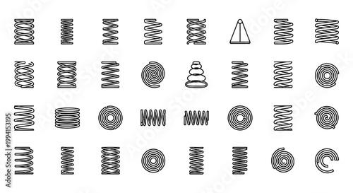 collection of diverse spring icons illustrating various types of coils and compression elements