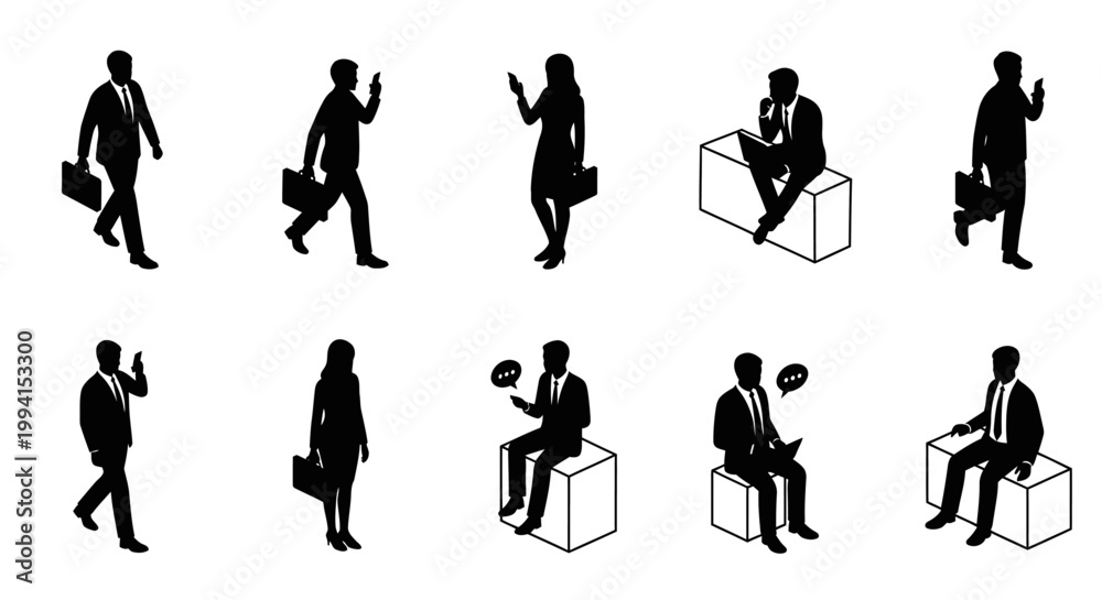 Fototapeta premium isometric business people silhouettes using phones and laptops for work