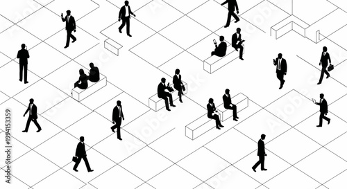 silhouettes of business people in a modern isometric space illustrating corporate networking and communication