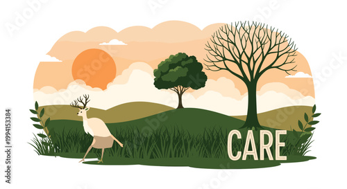 A serene landscape illustration featuring a deer-like creature with antlers, lush green hills, and trees under a warm sunset sky with the word "CARE" subtly integrated.
