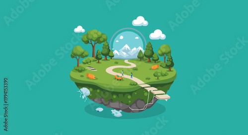 A whimsical floating island with a winding path, trees, mountains, and a portal to another world.