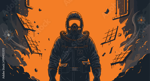 hazmat suit worker in gas mask facing a hazardous environment after a disaster illustrating emergency response and industrial crisis.