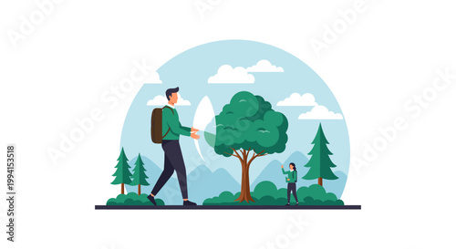 A man with a backpack walks through a lush green forest, tending to a large tree, with a smaller figure in the background.