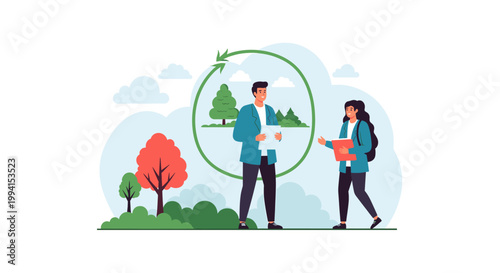 Two people in a park-like setting with a circular arrow symbol representing sustainability and environmental care.