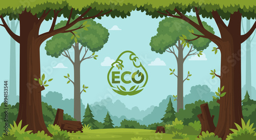 Lush green forest landscape with tall trees, a clearing, and a central 'ECO' logo, symbolizing environmental protection and nature conservation.