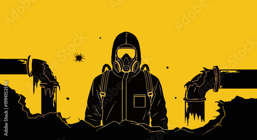 person in hazmat suit observing severe environmental pollution from leaking toxic waste a global warming industrial disaster.