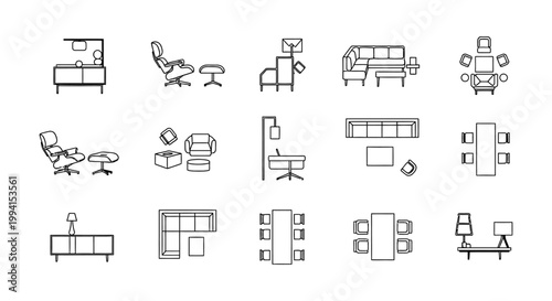 top view architectural furniture symbols set clean cad plan vector icons for interior design and modern floor plans.