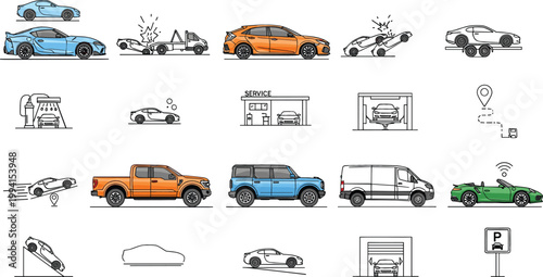 Car Icon Set with Vehicles, Accidents, Parking, Repair, and Transportation Elements Illustration Collection for Automotive Design, Traffic Concepts, and Mobility Graphics