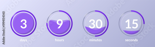 Liquid effect translucent circular countdown timer set. Fluid. Circle progress bars isolated. Progress indicators for light theme. Modern UI style. Time tracking collection. Timekeeping interface