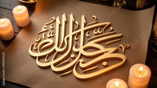 Calligraphy art featuring elegant Arabic script is displayed prominently on a dark textured surface surrounded by the warm and inviting glow of multiple lit candles in a serene indoor setting.