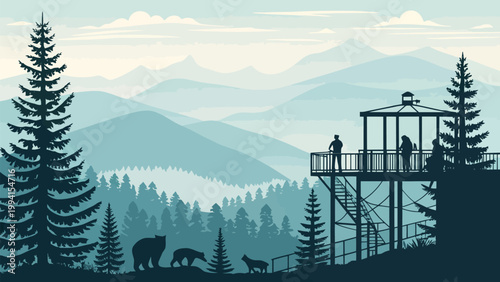 A scenic vector illustration of a lookout tower in a forest with wildlife