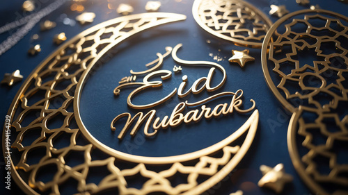 Intricate golden crescent moon and star decorations adorn a deep blue background, celebrating Eid Mubarak with elegant script.