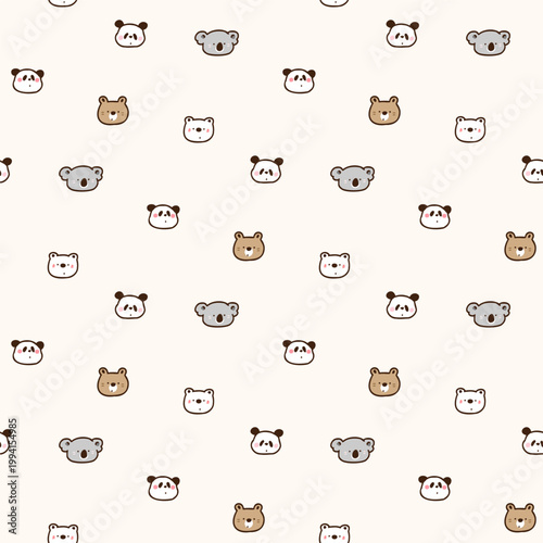 Seamless Pattern with Cartoon Bear, Koala and Panda Face Design on Light Beige Color Background. Hand Drawn Vector Illustration. 