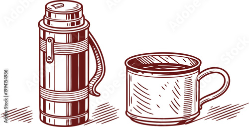 Vintage thermos and mug illustration, red line art on white background, coffee or tea time