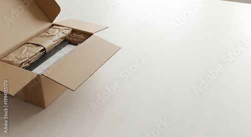 An open cardboard box with protective packaging, ready for shipping or delivery, on a neutral surface