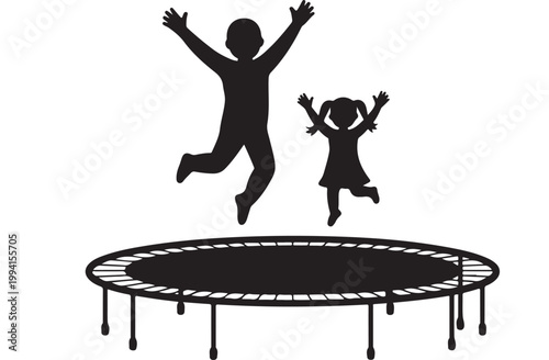Children Jumping on Trampoline Silhouette, Kids Recreation and Active Play Outdoor Fun Vector Graphic