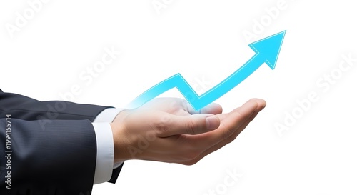 business hands holding upward growth arrow symbol, isolated on white background, professional attire sleeves, corporate success concept