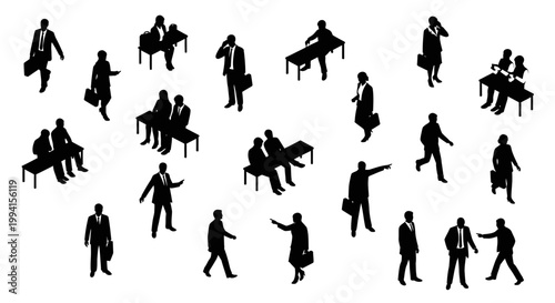 isometric business people silhouettes illustrate various professional interactions corporate workforce dynamics and modern office staff activities.