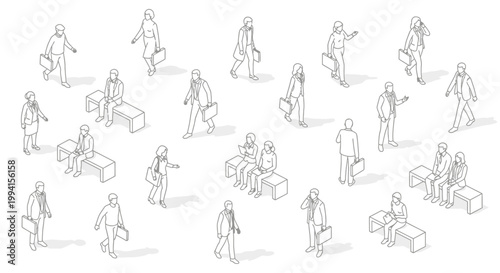 isometric line art of business people walking sitting and networking in a minimalist corporate environment