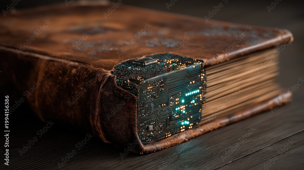 Obraz premium A vintage leather-bound book with a circuit board embedded in its spine, symbolizing the fusion of technology and traditional knowledge.