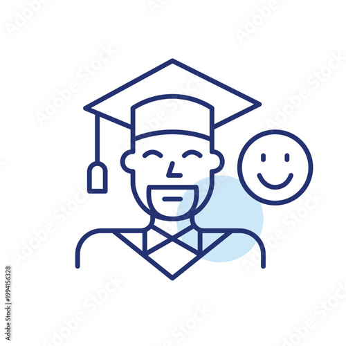 Happy graduate man in mortar board and smiley face. Education and degree, academic success in life. University satisfaction. Pixel perfect, editable stroke vector icon