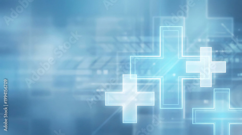 Healthcare innovation symbol with glowing plus signs in futuristic blue digital network Generative AI