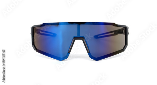 Modern sport sunglasses with blue mirrored lenses and black frame on white background