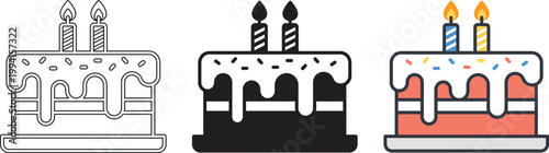 Cakes feature three distinct styles of birthday desserts with glowing candles and decorative sprinkles throughout.