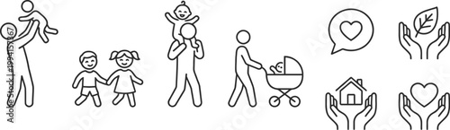 Family icons illustrate various nurturing activities such as childcare and home protection in a linear vector set.