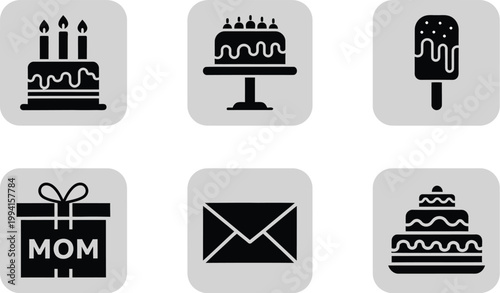 Icons of birthday cakes and gifts represent celebration and thoughtful tokens for a beloved mother on her day.