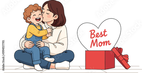 Mother embracing her young son while sitting on the floor celebrates a heartwarming moment of maternal affection.