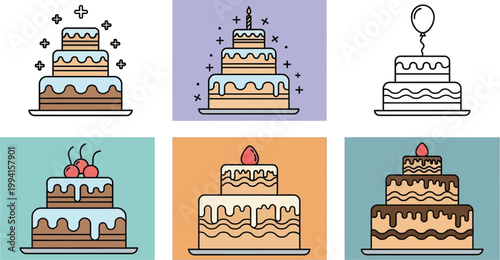 Cakes collection displays six delicious gourmet dessert varieties with decorative toppings in colorful square frames.