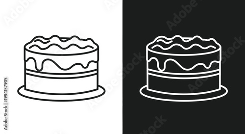 Cake illustration depicts a simple tiered dessert with flowing frosting detail presented on a dual background.