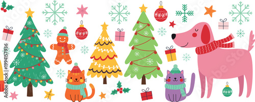 Christmas Animal Illustration with Cute Dog and Cats, Decorated Xmas Trees, Holiday Elements, Festive Winter Cartoon Vector Design Collection