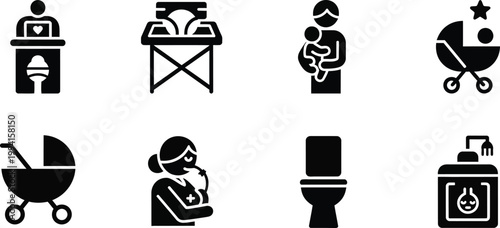Baby care and restroom icons including stroller and nurse Keywords: baby changing table, diaper changing station, baby care, infant care, parent