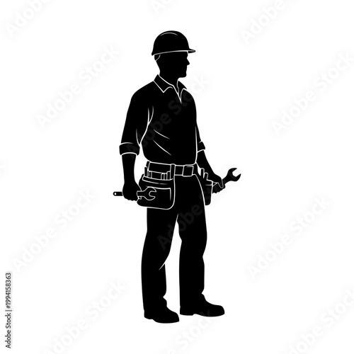 Silhouette of a construction worker with tools.