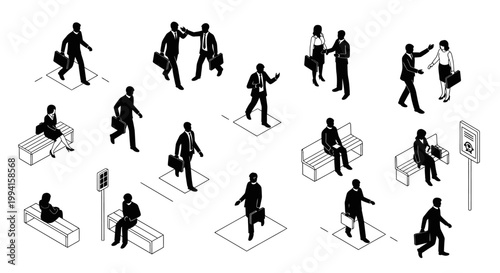 set of isometric business people silhouettes walking talking and waiting a vector illustration for corporate concepts.