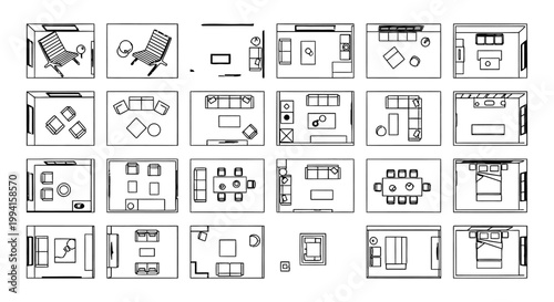 top down view of interior design floor plan with furniture and architectural elements