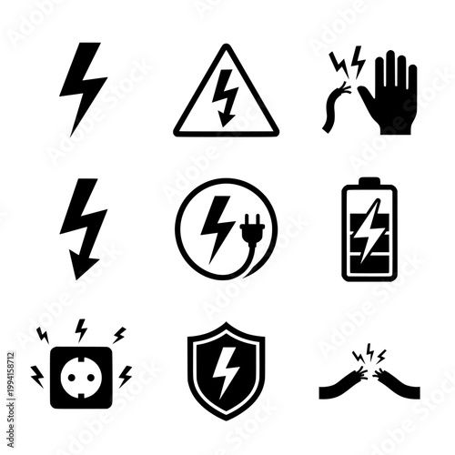 Electricity Warning Icons Set Black and White