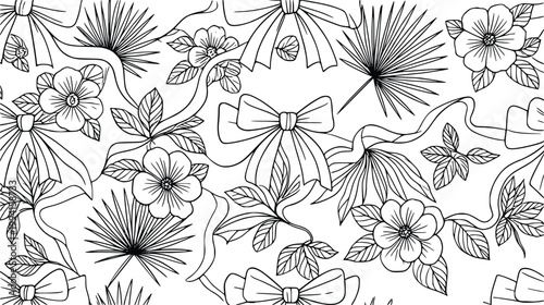 Floral seamless pattern illustration featuring decorative ribbons and tropical palm leaves in a hand drawn line art style suitable for creative textile fabric printing projects