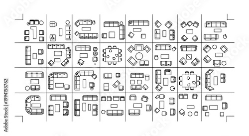 diverse architectural furniture symbols set cad plan icons for interior design and floor plans illustrating various room layouts.