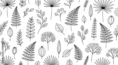 Botanical illustration pattern with delicate hand-drawn leaves and floral elements in a simple, elegant black and white sketch design