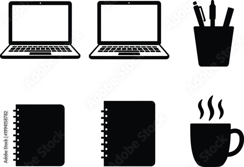 Office workspace icons set with laptop, notebooks, pen holder and coffee cup, black silhouette vector illustration, business and productivity tools collection, minimal design elements