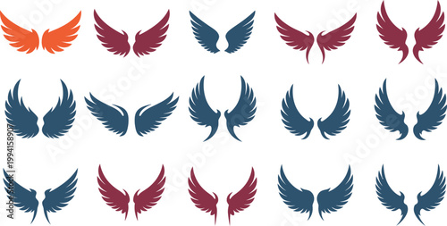 Collection of Angel Wings Icons in Blue and Burgundy Colors symbol